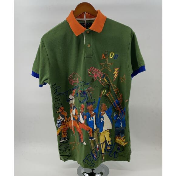Men's Akoo Polo Shirt All Over Print City Party Sz Medium Multicolor - Picture 1 of 15